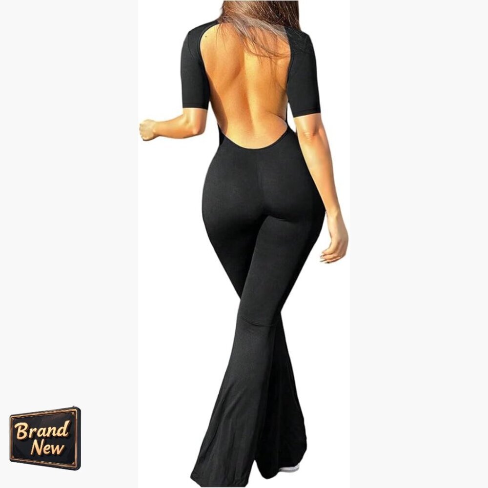 Large Backless Flare Jumpsuit Short Sleeve Bootcut Romper Polyester